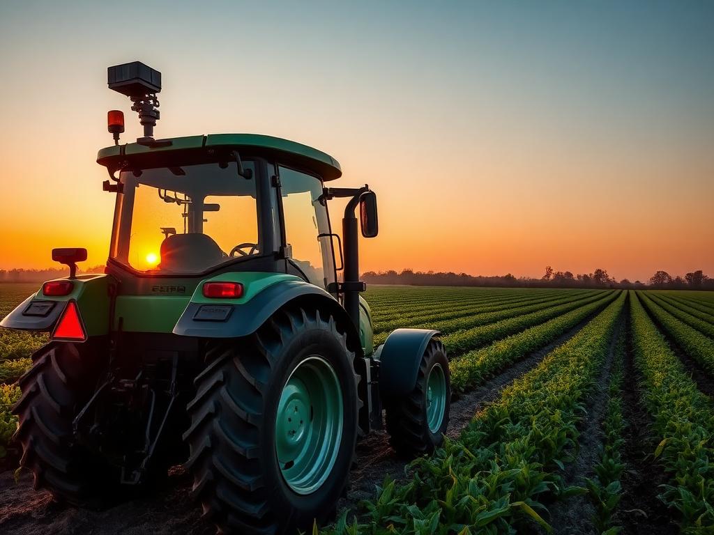 Trattore con guida automatica GNSS in un campo coltivato